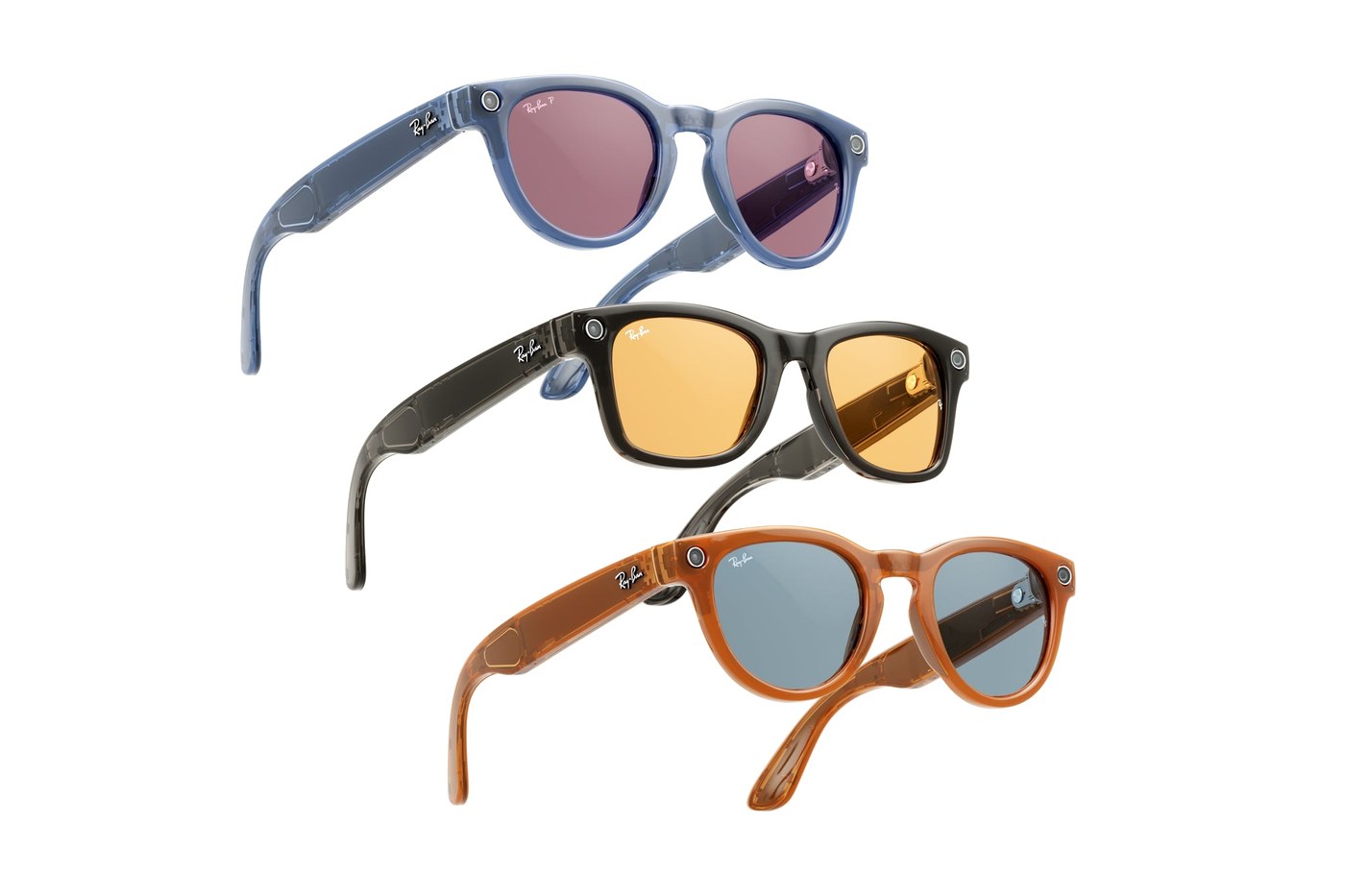Three pairs of Ray-Ban Meta glasses in blue, black and orange